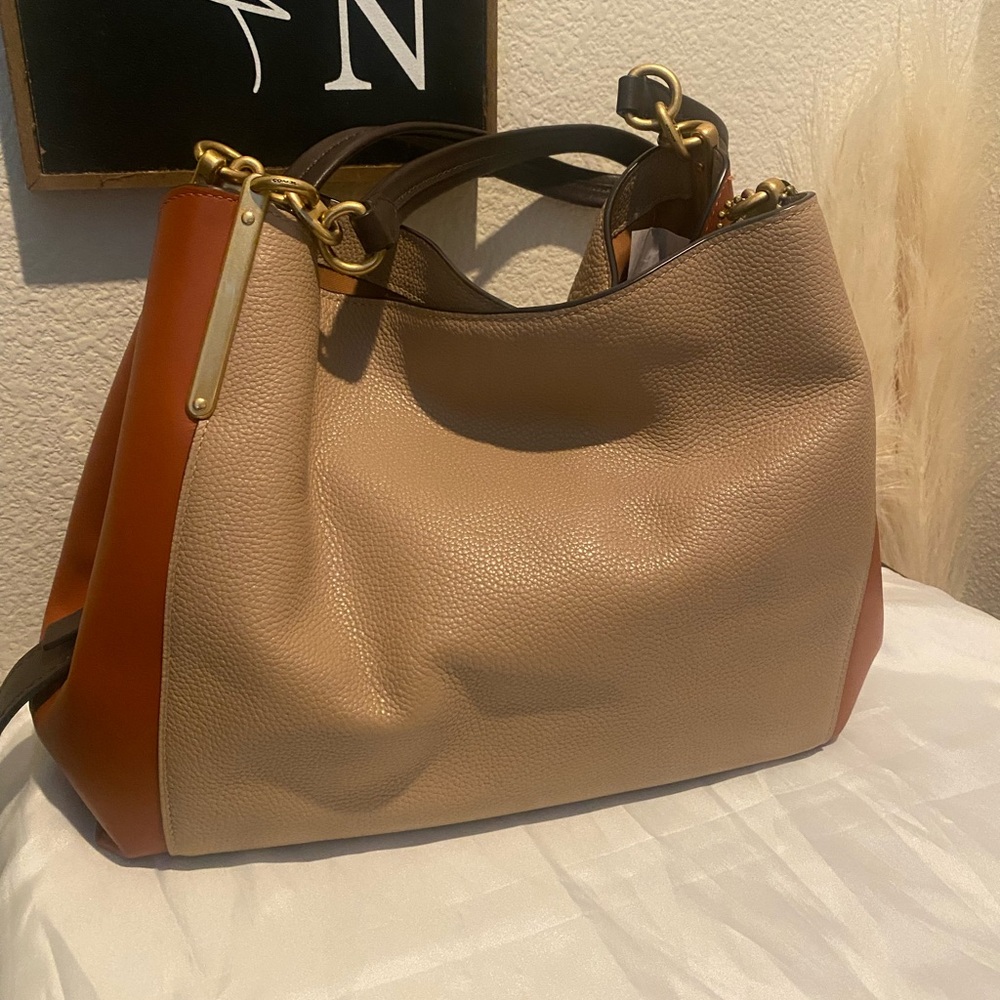 Coach Two-Tone Beige and Brown Leather Shoulder Bag